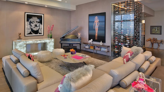 Barbie wine room, modern apartment with large Barbie picture on far wall beside wine cellar