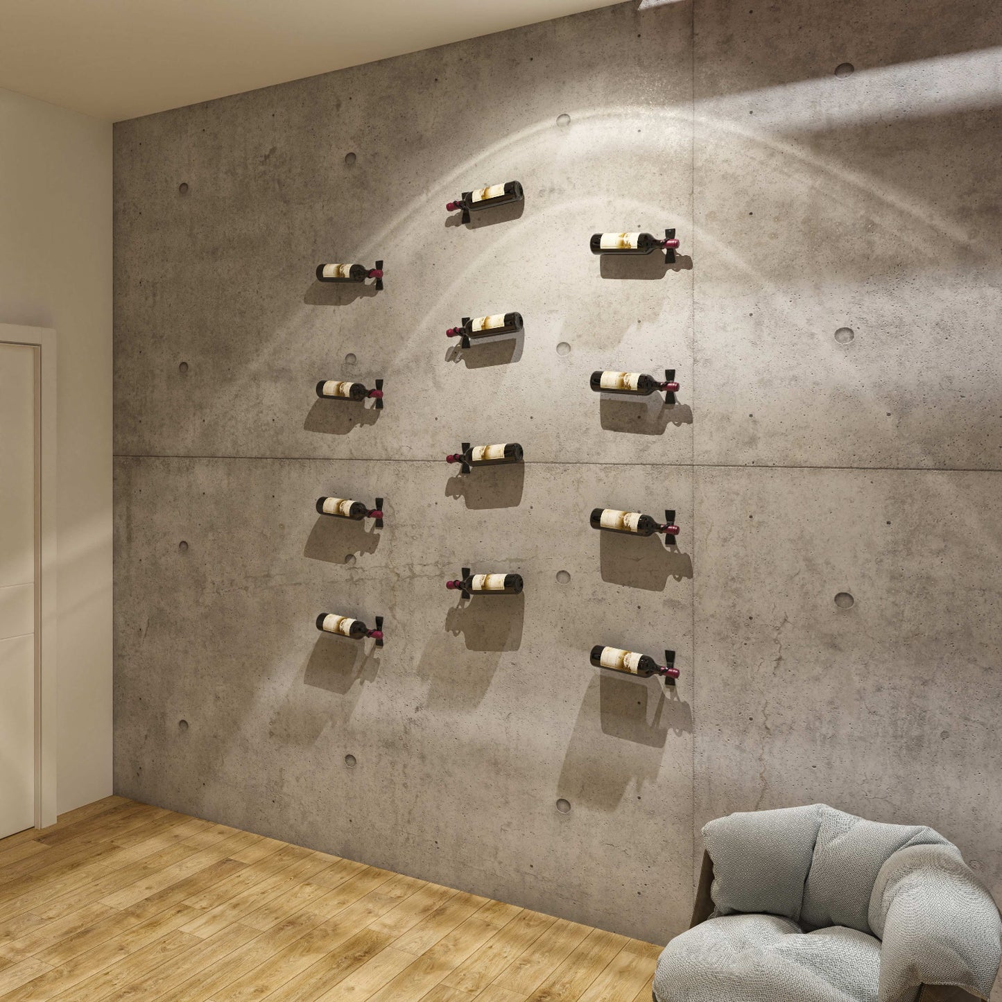 Levitating wine bottles on a concrete wall for modern wine display with vintageview helix single bottle wine rack