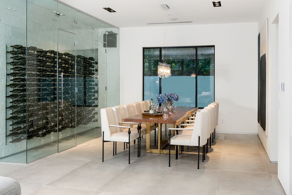 Glass doors with custom made wine wall behind