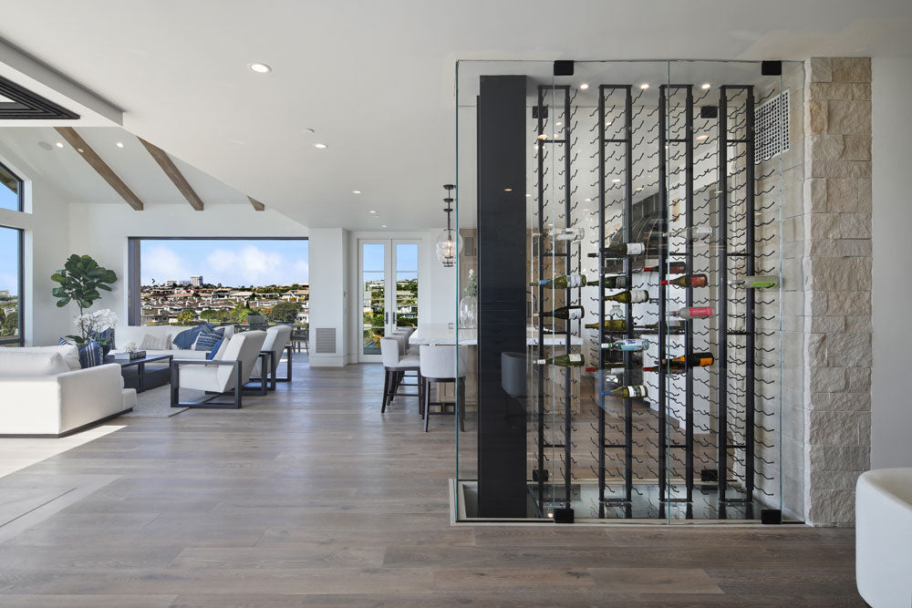 See-through glass wine cellar with FCF frames and wine racks 