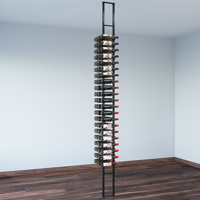 Double sided floating wine display on a floor to ceiling frame