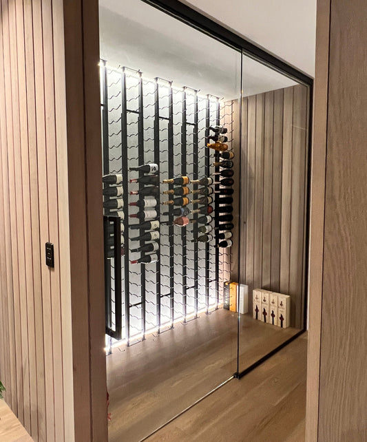 Modern wine cellar behind glass