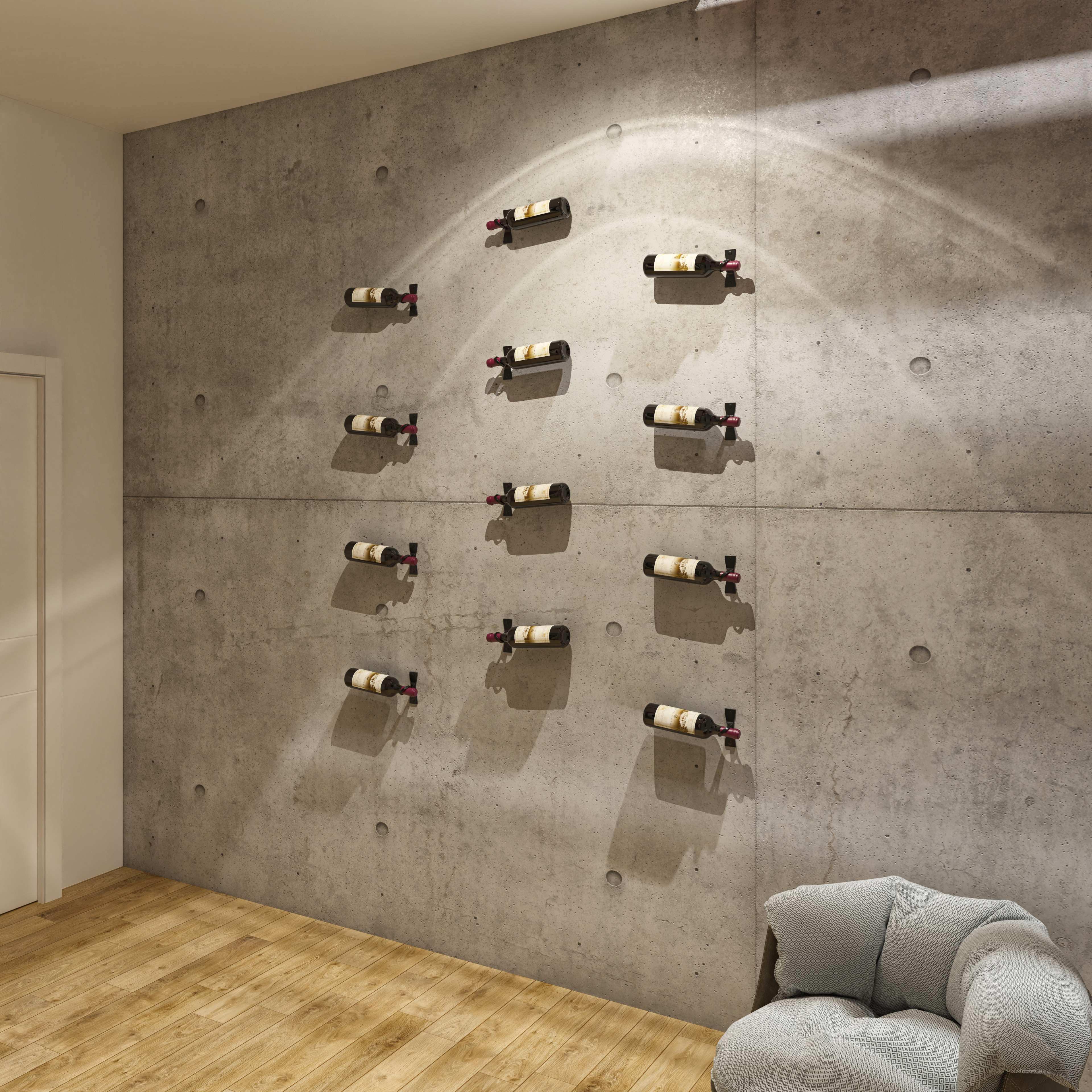 Levitating wine bottles on a concrete wall