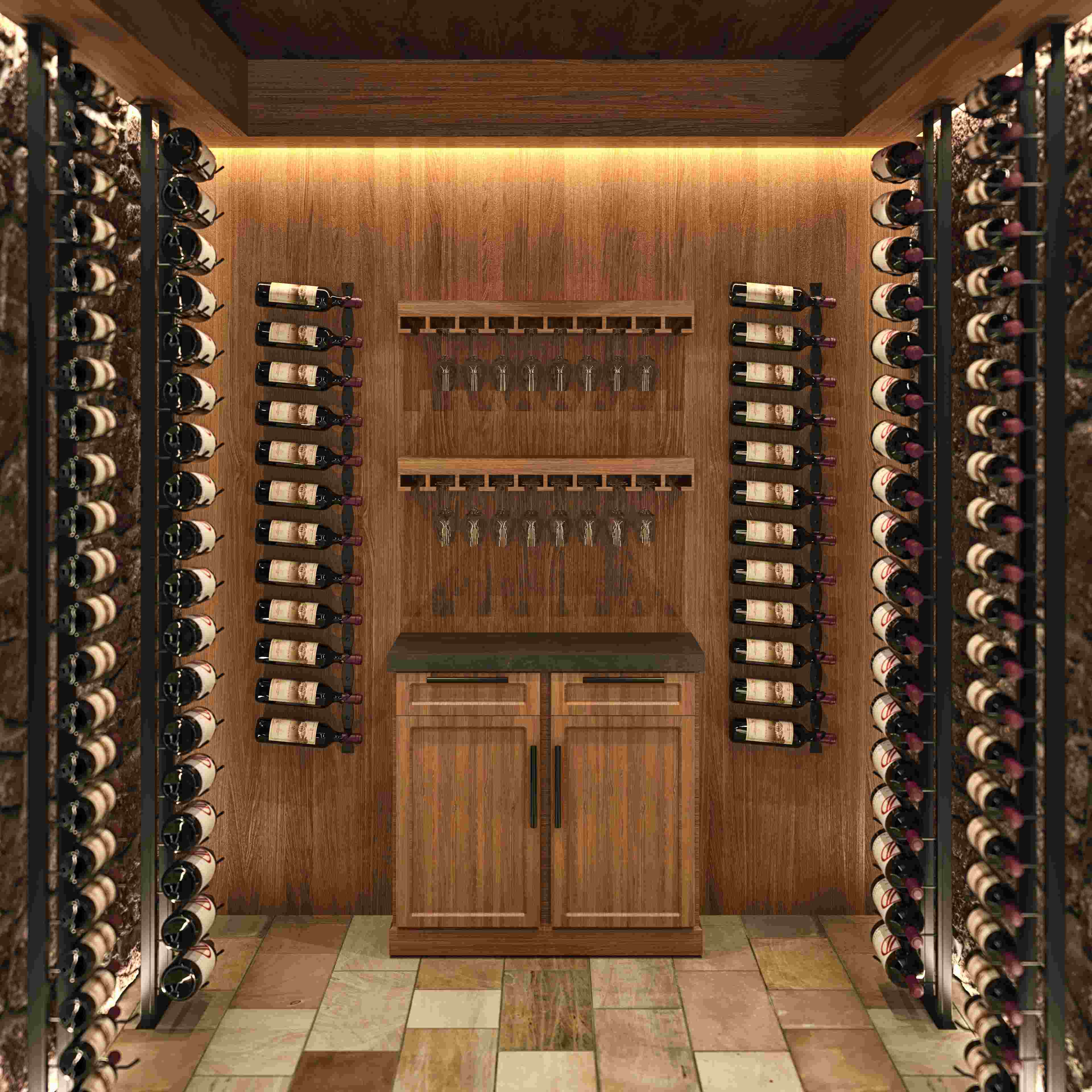 floor to ceiling wine rack frame with helix wine racks on back wall of wine cellar