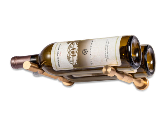 Vino Pin Metal Wine Peg in Golden Bronze colour storing two wine bottles label forward Wine Racks NZ 