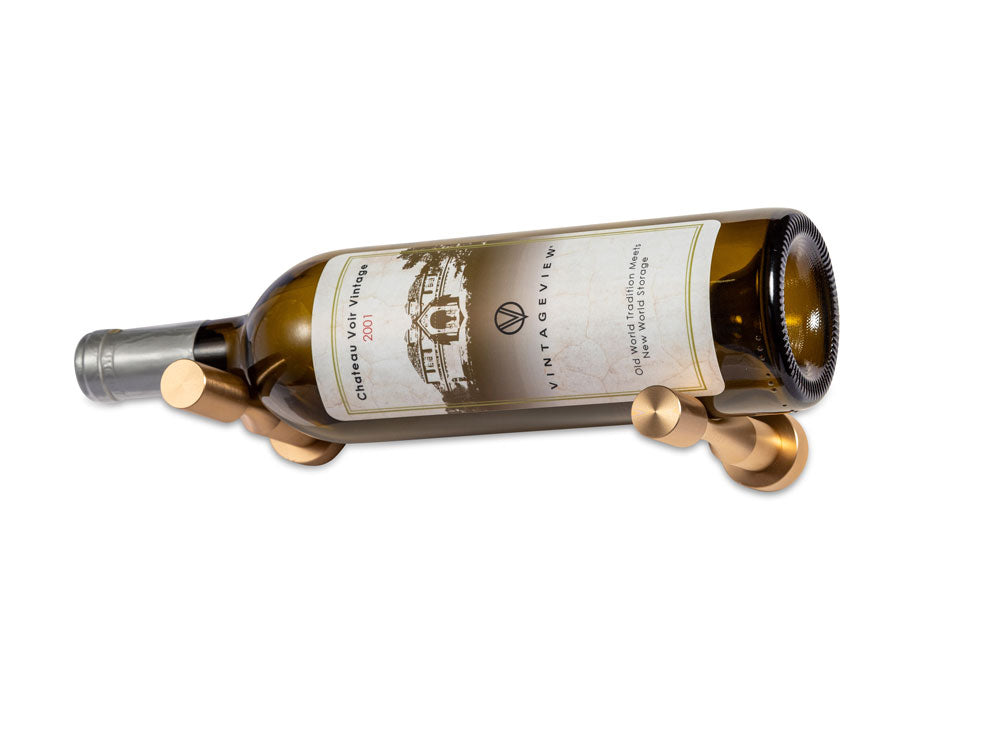 Golden bronze vino pins with wine bottle on the side label forward
