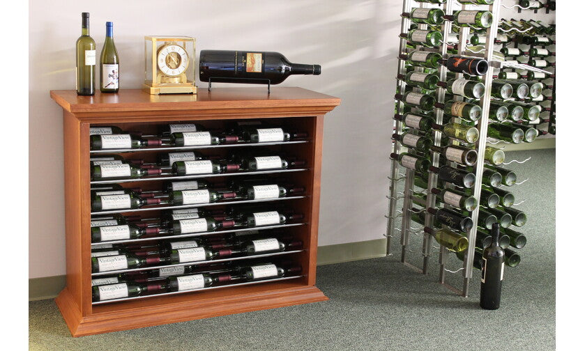 custom made wine display using Evolution support rods with wine bottles on the side