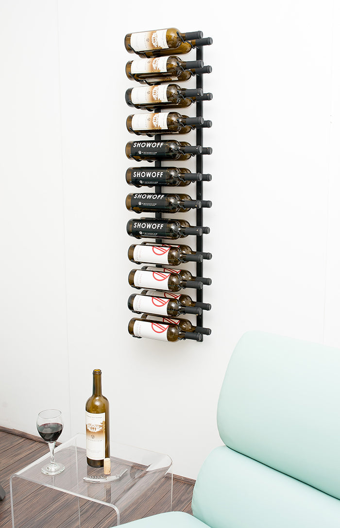 Side shot of the Double Dozen wall mounted wine rack by VintageView, with wine bottles on the side