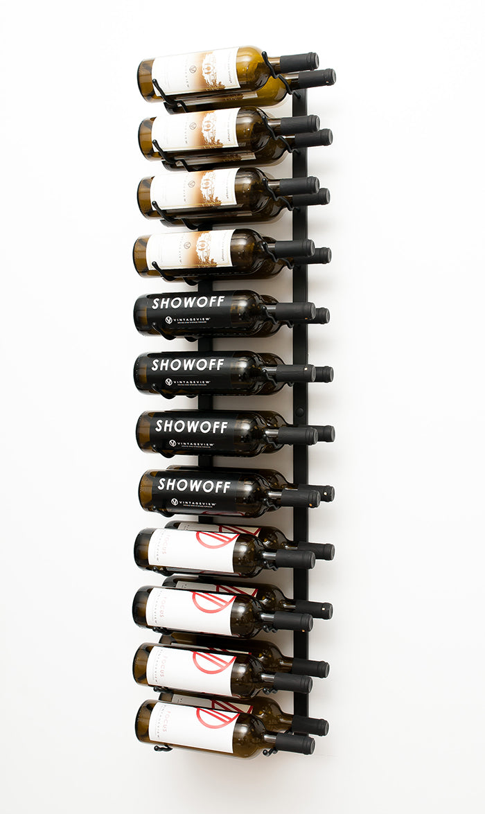 The Double Dozen wall mounted wine rack by VintageView, full of 24 wine bottles